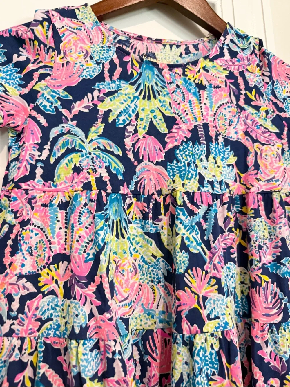 Lilly Pulitzer Navy Floral Tiered Dress with Pink & Blue Accents